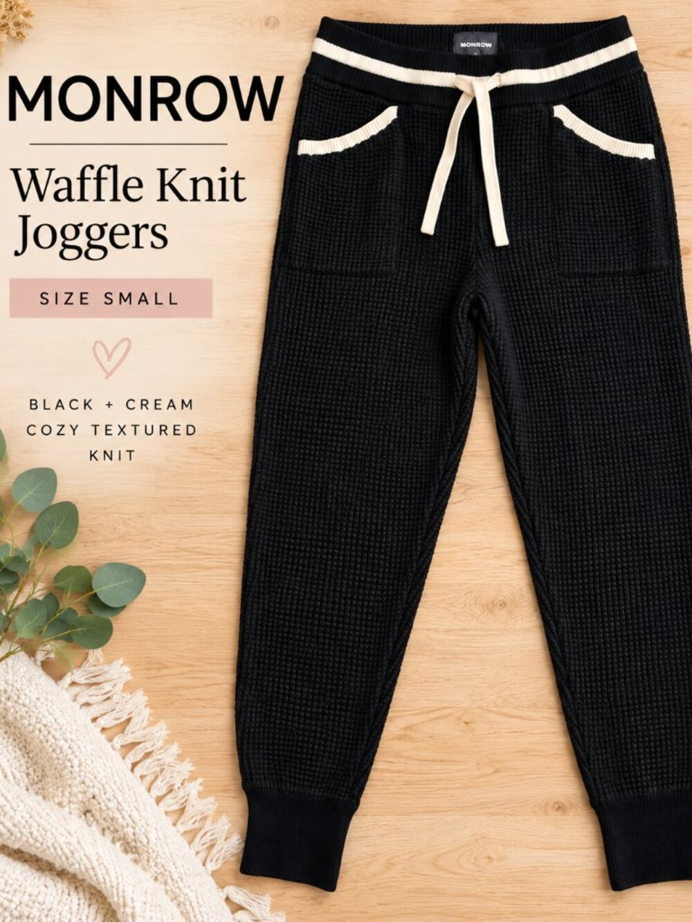 Monrow Black Waffle Knit Jogger Pants